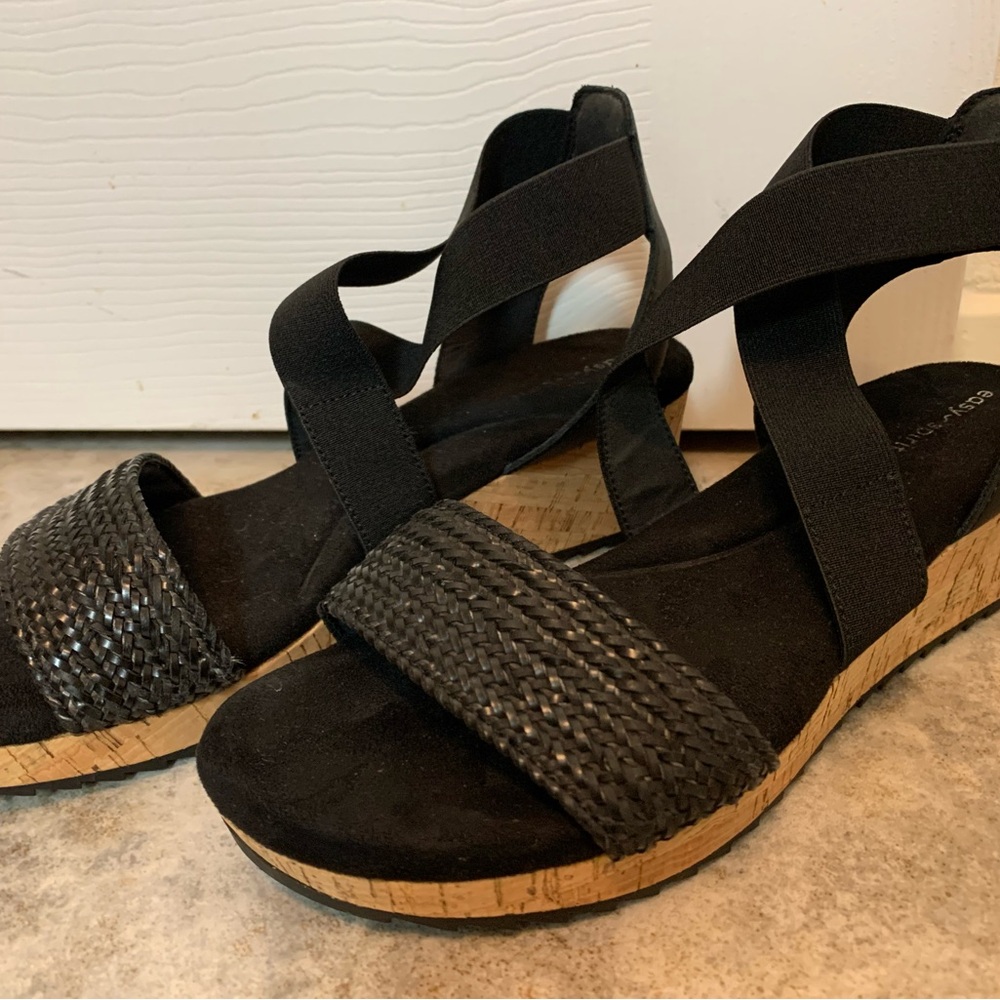 WIDE WIDTH Easy Spirit Lorena Black Strappy Wedge Sandals 8W